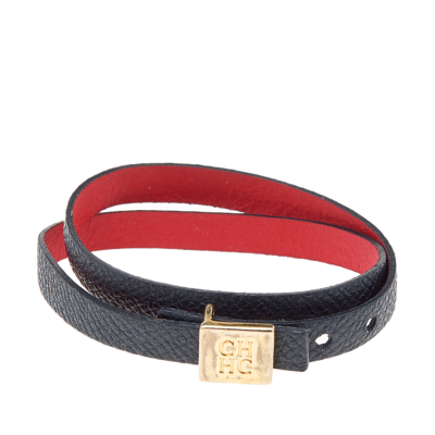 Pre-owned Ch Carolina Herrera Black Leather Double Wrap Bracelet