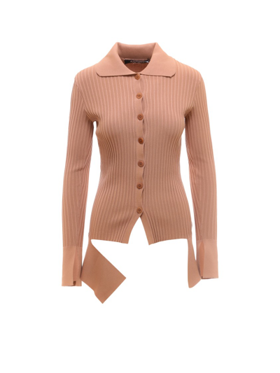 Adamo Ribbed Long Cardigan With Cut-out Detail - Atterley In Beige