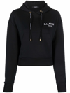 Balmain Black Flocked Logo Crop Hoodie In Nero