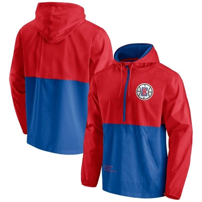 Fanatics Branded Royal/red La Clippers Anorak Block Party Windbreaker Half-zip Hoodie Jacket In Royal,red