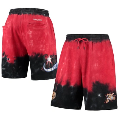 Mitchell & Ness Men's Black And Red Philadelphia 76ers Hardwood Classics Terry Tie-dye Shorts In Black,red