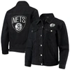 The Wild Collective Black Brooklyn Nets Patch Denim Button-up Jacket In Black
