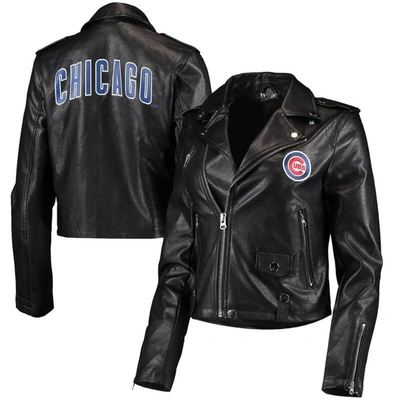 The Wild Collective Women's  Black Chicago Cubs Faux Leather Moto Full-zip Jacket