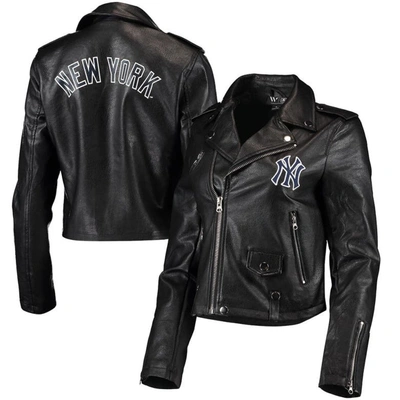 The Wild Collective Women's  Black New York Yankees Faux Leather Moto Full-zip Jacket