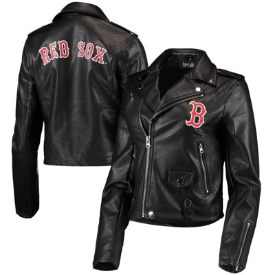 The Wild Collective Women's  Black Boston Red Sox Faux Leather Moto Full-zip Jacket
