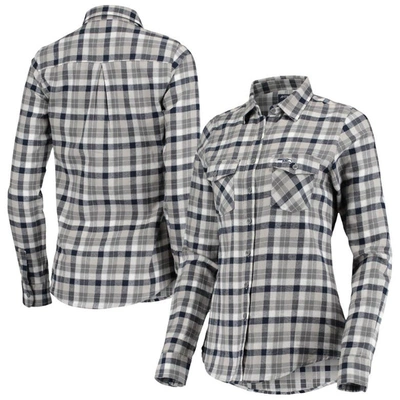 ANTIGUA ANTIGUA COLLEGE NAVY/GRAY SEATTLE SEAHAWKS EASE FLANNEL BUTTON-UP LONG SLEEVE SHIRT