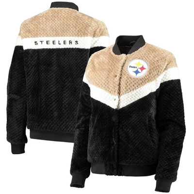 G-iii 4her By Carl Banks Women's Black And Cream Pittsburgh Steelers Riot Squad Sherpa Full-snap Jacket In Black,cream
