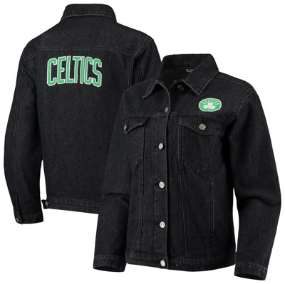 The Wild Collective Black Boston Celtics Patch Denim Button-up Jacket