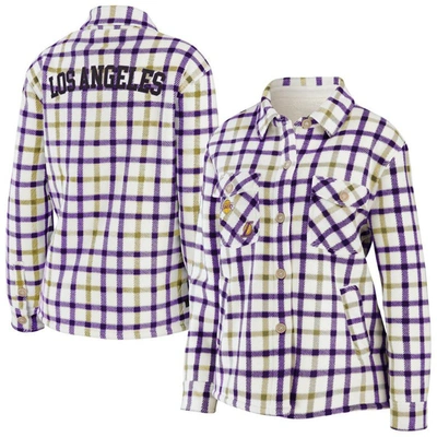 Wear By Erin Andrews Women's  Oatmeal, Purple Los Angeles Lakers Plaid Button-up Shirt Jacket In Oatmeal,purple