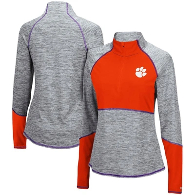 Colosseum Women's  Heathered Gray And Orange Clemson Tigers Color Block Space-dye Raglan Quarter-zip In Heathered Gray,orange