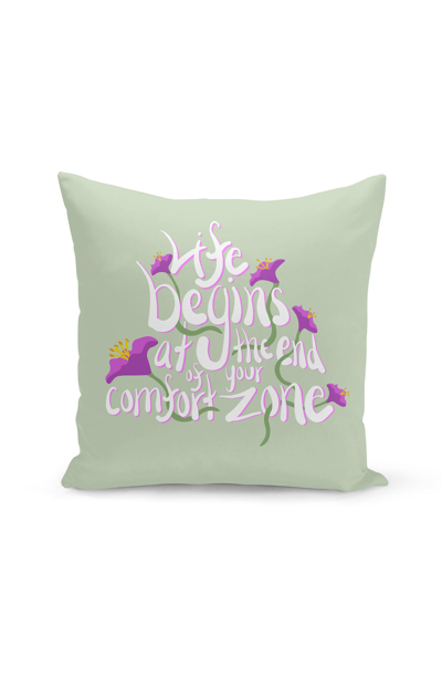 Curioos Life Begins At The End Of Your Comfort Zone Print Throw Pillow In Purple
