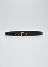 Saint Laurent Monogram Skinny Patent Leather Belt In 1000 Noir/bronze