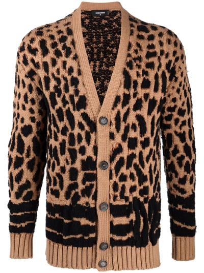 Dsquared2 Leopard Cotton & Wool Blend Cardigan In Camel