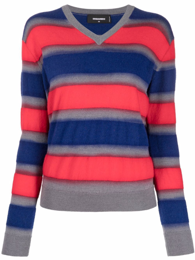 Dsquared2 Striped V-neck Jumper In Blue