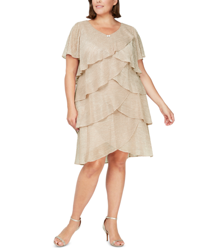 Sl Fashions Plus Size Tiered Metallic Dress In Gold