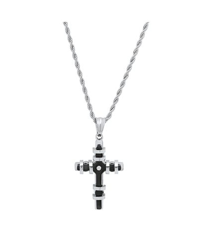 Steeltime Men's Two Toned Black Ip Plated Stainless Steel Cross Pendant With Simulated Diamond Necklaces