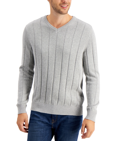 Club Room Men's Drop-needle V-neck Cotton Sweater, Created For Macy's In Soft Grey Heather
