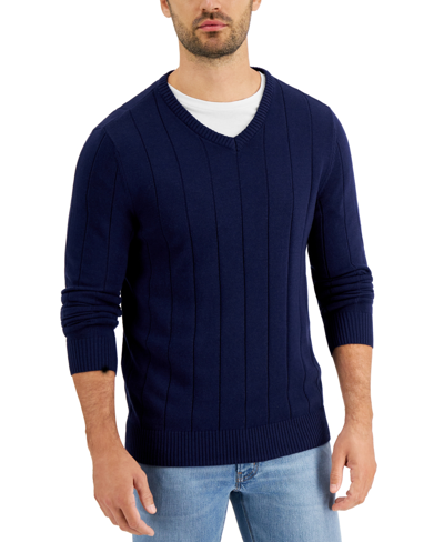 Club Room Men's Drop-needle V-neck Cotton Sweater, Created For Macy's In Navy Blue