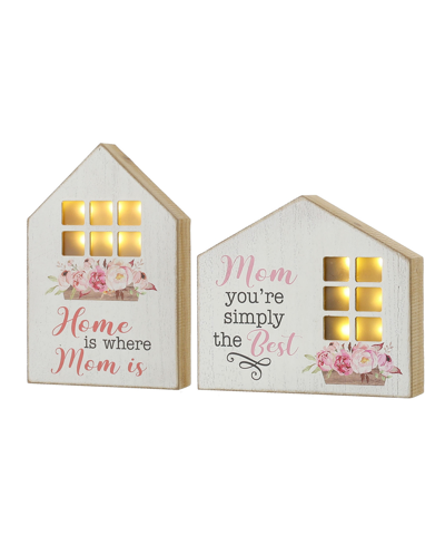 Glitzhome Lighted Mother's Day Wooden House Shaped Table Sign, Set Of 2 In Multi