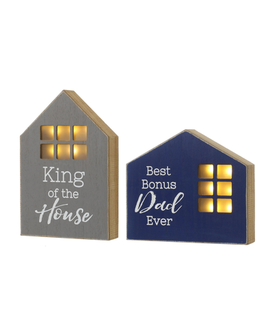 Glitzhome Lighted Father's Day Wooden Table Block Sign, Set Of 2 In Blue