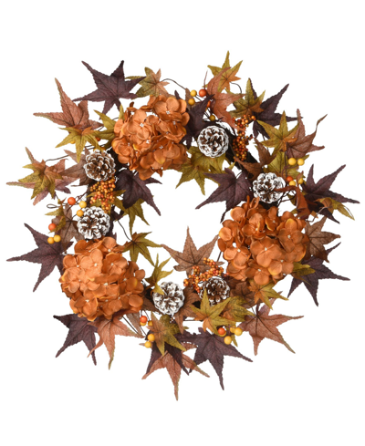 National Tree Company 24" Harvest Hydrangea And Maple Leaves Wreath In Orange