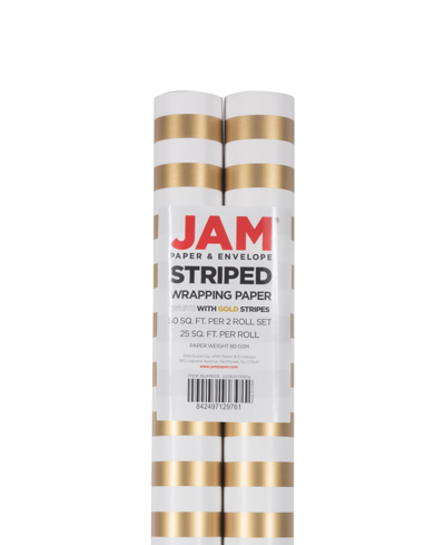 Jam Paper Gift Wrap 50 Square Feet Striped Wrapping Paper Rolls, Pack Of 2 In Gold-tone And White Striped