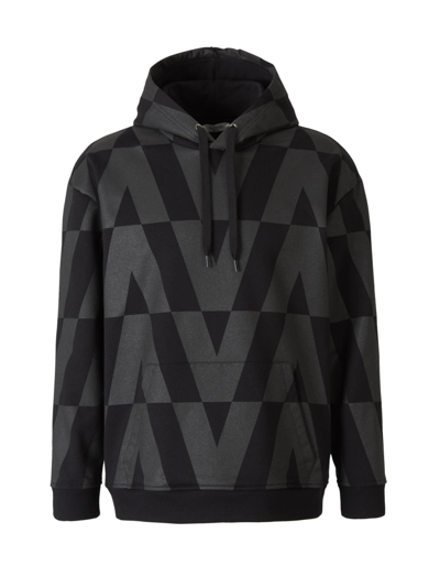 Valentino Black Cotton Hoodie With Macro Optical Print In Light Blue
