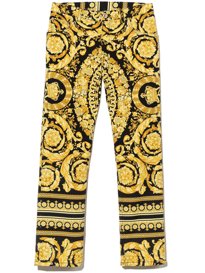 Versace Kids' Baroque-print Straight-leg Trousers In Black