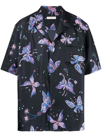 Valentino Short-sleeve Utopia Butterfly Printed Shirt In Nero