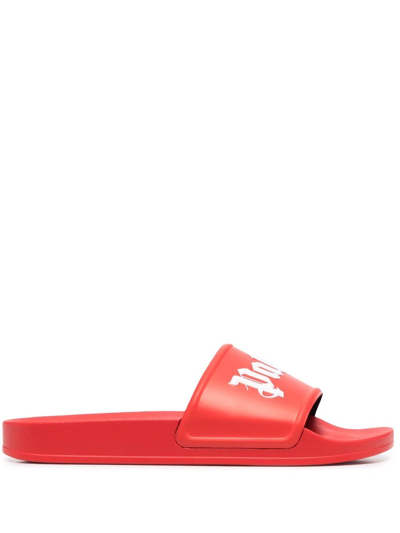 Palm Angels Red And White Logo Print Rubber Slides