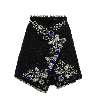 Balmain Short Cotton Skirt With Jewel Embroidery In Noir Multico