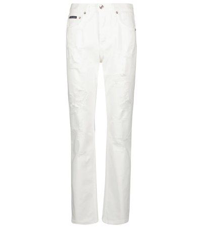 Dolce & Gabbana Distressed High-rise Straight Jeans In White