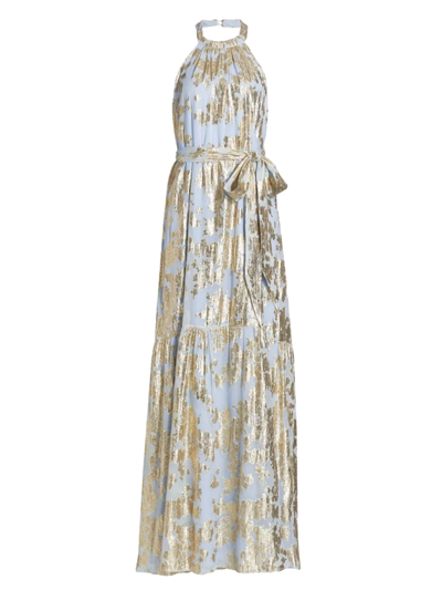 ml Monique Lhuillier Metallic Fil Coupé Silk-blend Chiffon Halterneck Gown In Blue