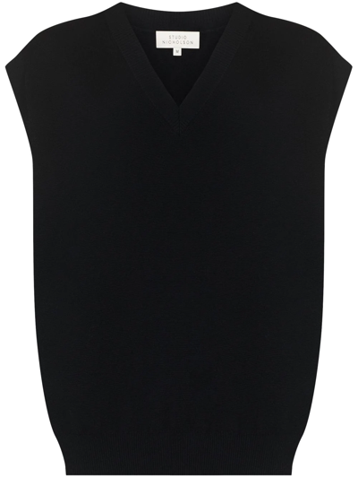 Studio Nicholson Knitted Vest Dark Navy Knitted Oversized V-neck Vest - Feliz In Black