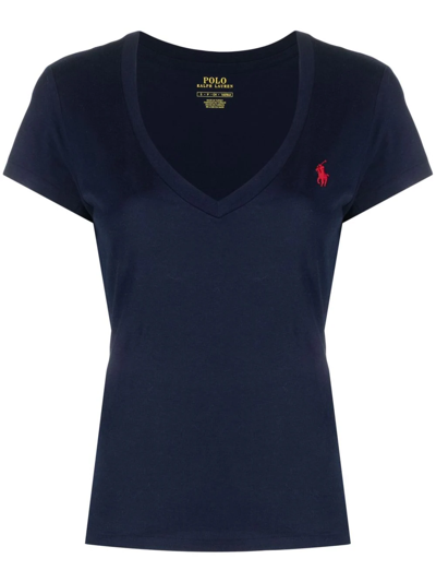 Polo Ralph Lauren Logo Embroidered V-neck Cotton T-shirt In Blue