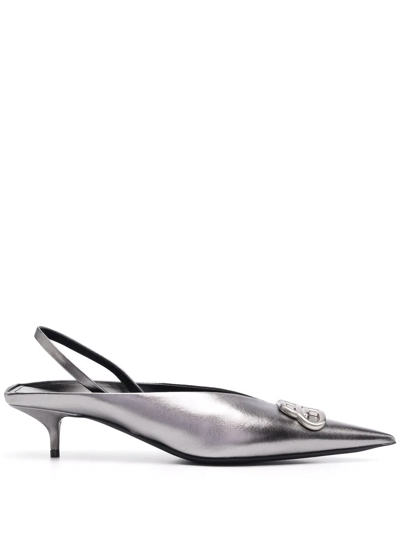 Balenciaga Knife Logo-appliquéd Leather Slingback Pumps In Silver