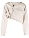 Jacquemus Baci Cropped Underwired Cotton And Linen-blend Shirt In Neutrals