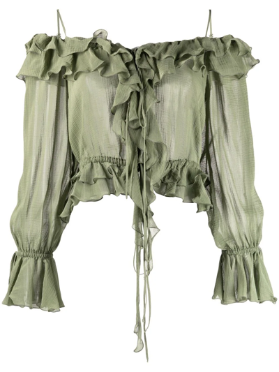 Blumarine Ruffled-trim Tie-fastening Blouse In Green