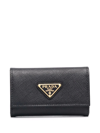 Prada Triangle Logo Saffiano-leather Keyring Case In Black