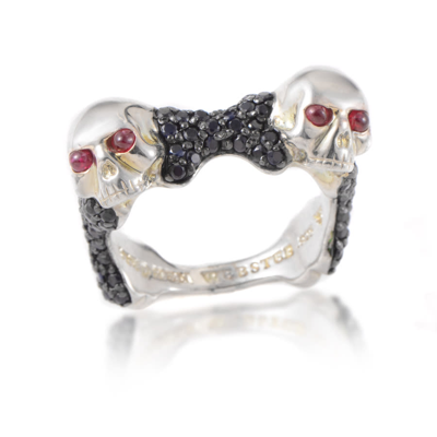 Stephen Webster Skull  Bones Men S Sterling Silver Ruby  Black Sapphire Ring In Black,red,silver Tone