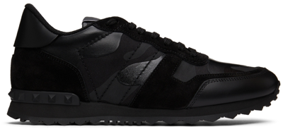 Valentino Garavani Black Fabric And Leather Rockrunner Camouflage Sneakers