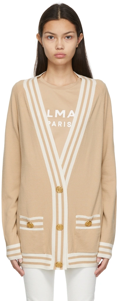 Balmain Logo-embroidered Wool And Cashmere-blend Cardigan In Neutral