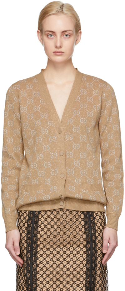 Gucci Logo Jacquard Cotton Blend Cardigan In Brown