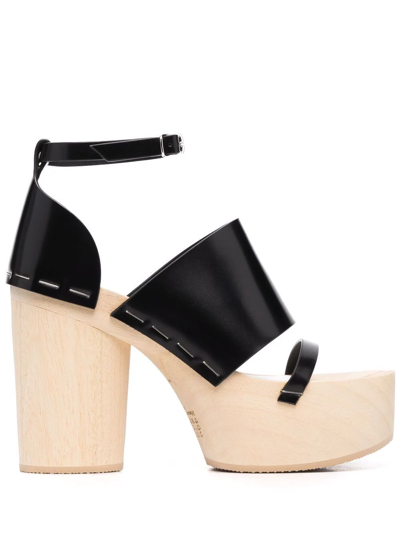 Maison Margiela Tabi Leather And Wooden Platform Sandals In Nero