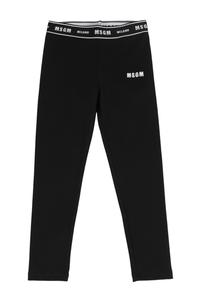 Msgm Teen Logo Waistband Mid-rise Leggings In Nero