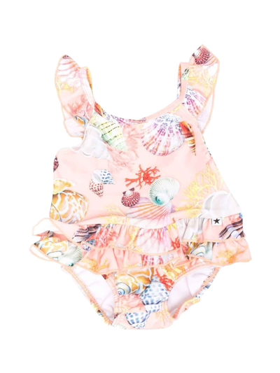 Molo Pink Swimsuit For Baby Girl With Shells In Multicolor