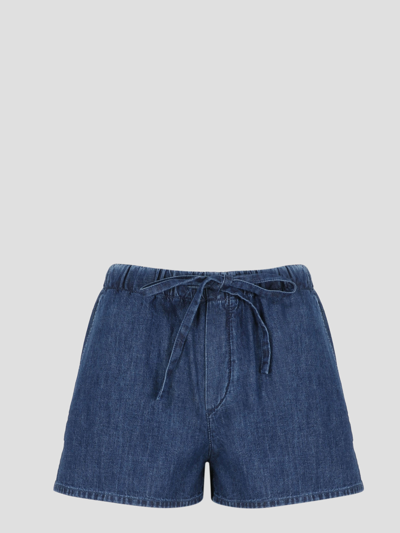 Valentino V-plaque Cotton-chambray Shorts In Blue