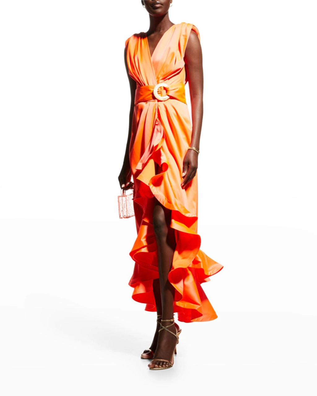 bronx and banco lika belted asymmetric ruffle dress In Neon Orange Size:8 years dev-position-new-dresses:number:17 Fit & Flare Flowy