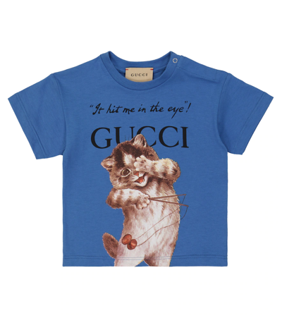 Gucci Baby Cotton Cat Print T-shirt In Blue