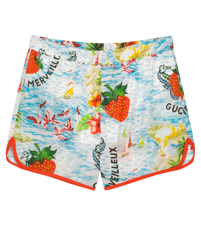 Gucci Kids' Strawberry Swim Shorts In 浅蓝色